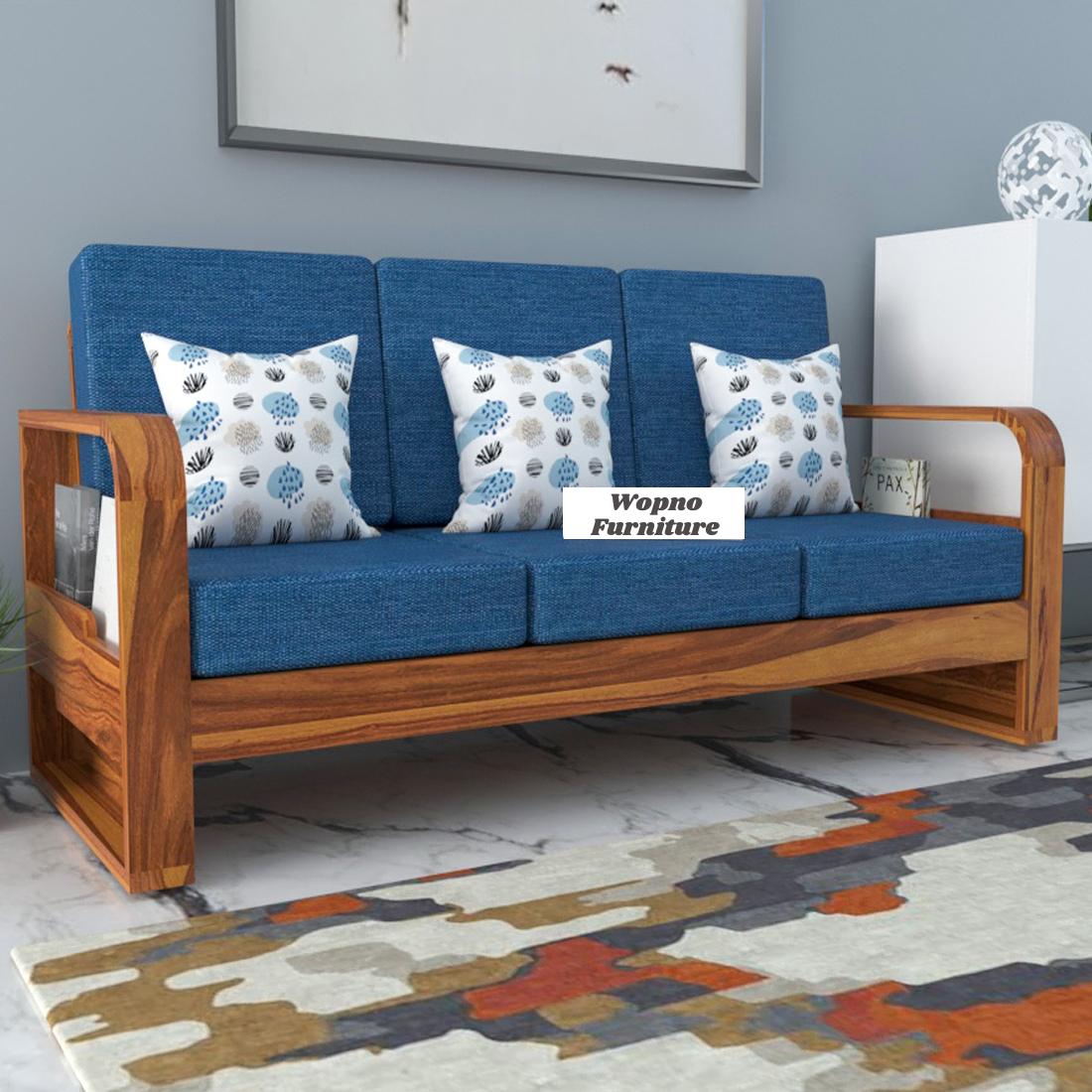 Calven Sheesham Wooden 3 Seater Sofa Set (Honey Finish)