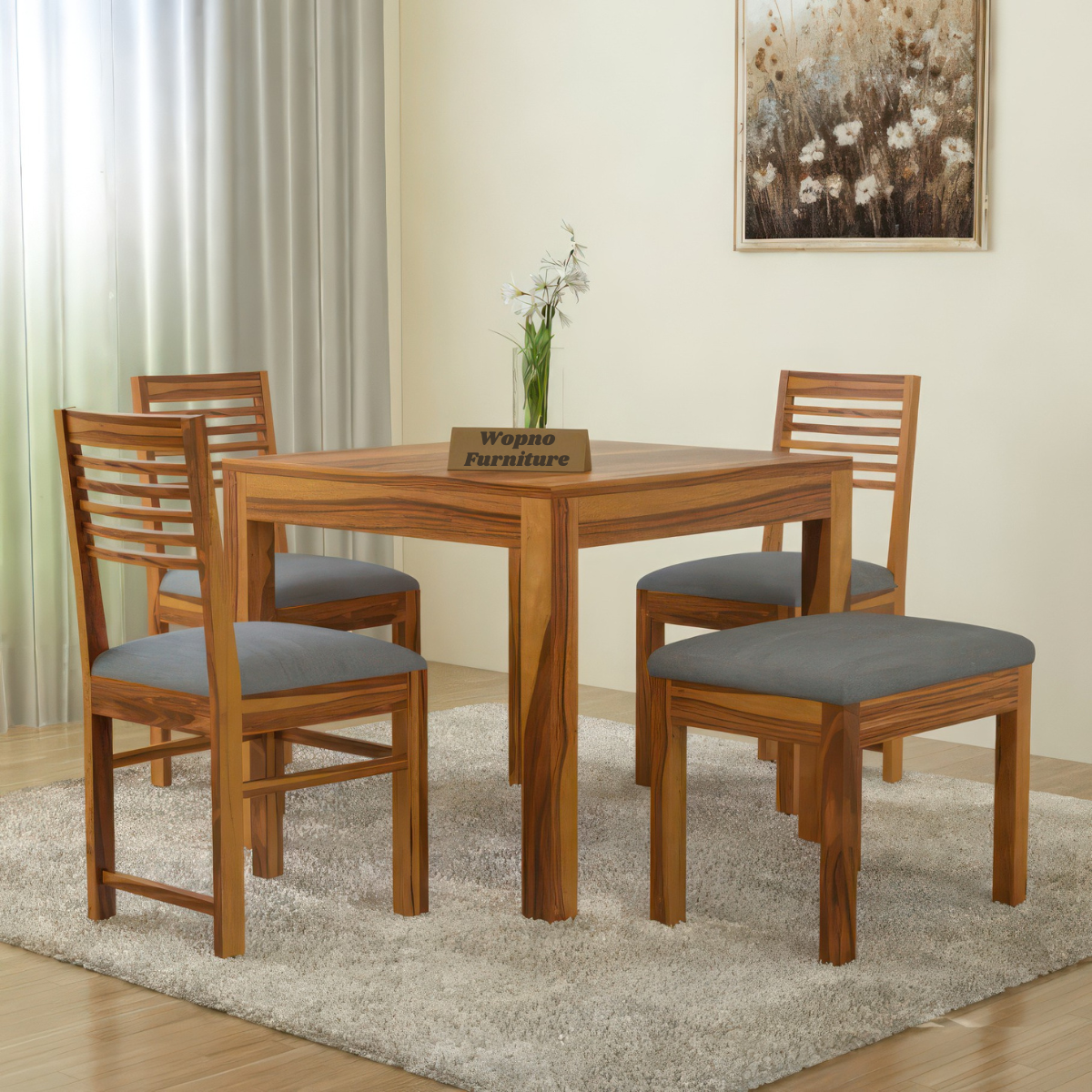 Norvik Sheesham Wood Dining Set 4 Seater With Bench (Honey Finish)