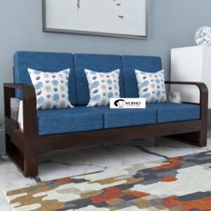 Oakio Solid Sheesham Wooden 3 Seater Sofa for Living Room | Sofa with Side Pocket Storage - Walnut with Blue Cushion