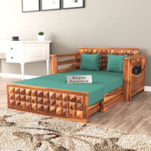 Livora  Sheesham Wooden 2 Seater Sofa Cum Bed with Mattresses for Home Living Room - Honey